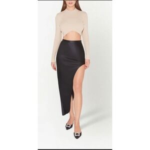 Fleur Du Mal Thigh High Slit Black Silk Midi Skirt Style Size M